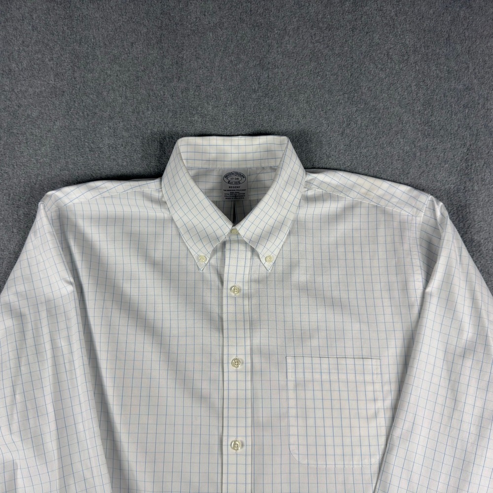 Brooks Brothers Regent Dress Shirt Mens 17 34 White Blue‎ Check Non Iron Supima